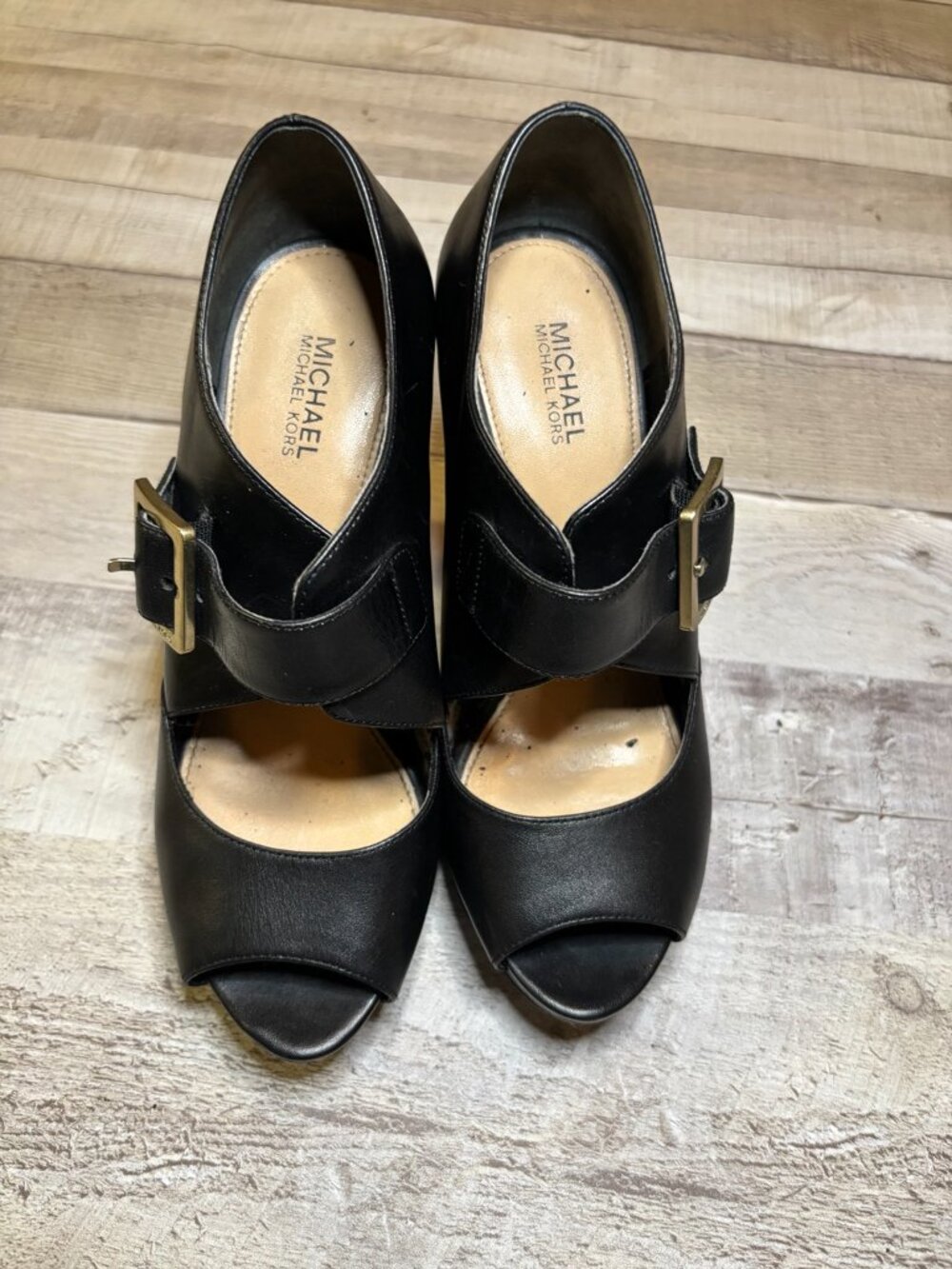 Michael Kors Black Peep-Toe Mary Jane Heels with Gold Buckle